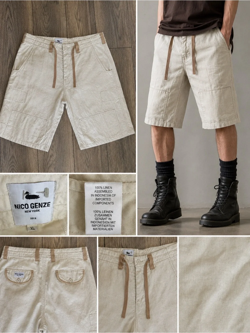 NICO GENZE New York 100% Linen Avant Garde Cargo Shorts XL tan Artisanal”